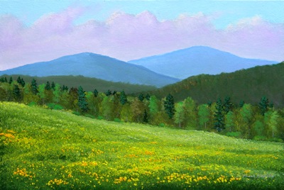 Spring Flowers, oil painting by Frank Wilson, spring, meadows, mountains, Vermont, flowers