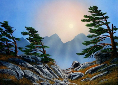"Windblown Pines" gouache painting by Frank Wilson
