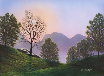 Misty Spring Meadow gouache painting by Frank Wilson