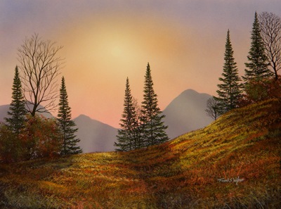 Alpine sunset gouache painting by Frank Wilson